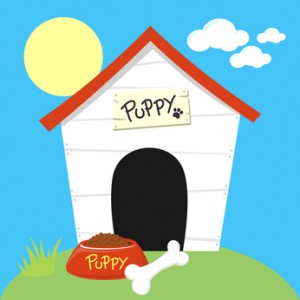 cute dog house with dog food bowl and bone